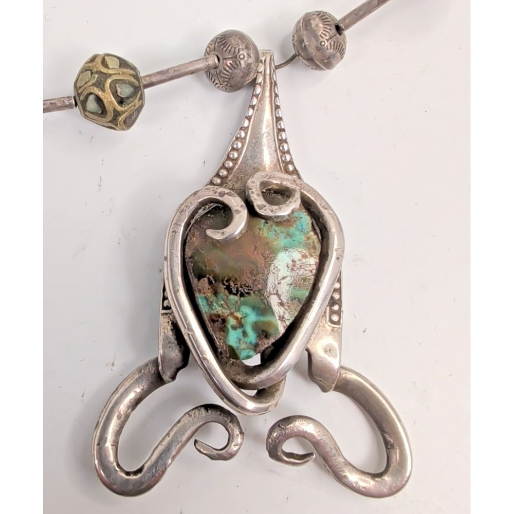 Vintage Modernist Sterling Silver Turquoise Brutalist Pendant Base‎ Metal Chain